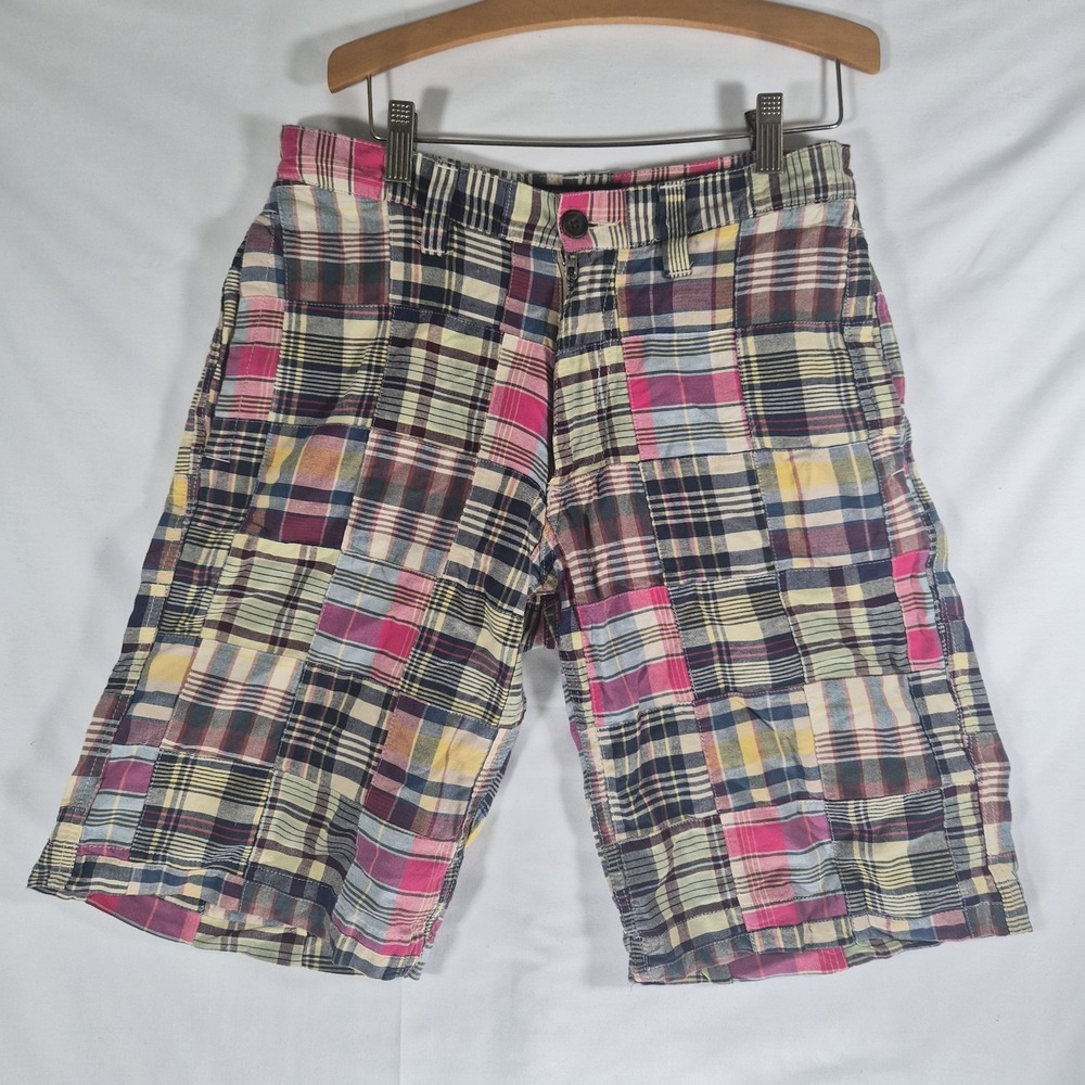 Old Navy Y2K Patchwork Madras Plaid Bermuda Shorts Mens 28 100% Cotton Preppy